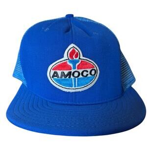 Vintage Amoco Gas Station Hat Blue Mesh Trucker Snapback Cap USA Oil Logo